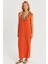 Kadın Turuncu V Yaka Bloklu Maxi Elbise EY2779 3