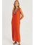 Kadın Turuncu V Yaka Bloklu Maxi Elbise EY2779 4