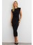 Kadın Siyah Omuzları Vatkalı Drape Maxi Elbise KED4252 1