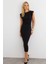 Kadın Siyah Omuzları Vatkalı Drape Maxi Elbise KED4252 2
