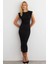 Kadın Siyah Omuzları Vatkalı Drape Maxi Elbise KED4252 3