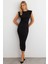 Kadın Siyah Omuzları Vatkalı Drape Maxi Elbise KED4252 4