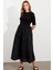 Kadın Siyah Kontrast Kumaşlı Midi Elbise MDMR457 3