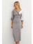 Kadın Gri Blok Kumaşlı Asimetrik Yaka Maxi Elbise KED4469 2