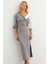 Kadın Gri Blok Kumaşlı Asimetrik Yaka Maxi Elbise KED4469 3