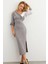 Kadın Gri Blok Kumaşlı Asimetrik Yaka Maxi Elbise KED4469 4