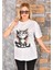 Kedi Baskılı Oversize Kadın T-Shirt Bisiklet Yaka 1