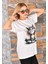 Kedi Baskılı Oversize Kadın T-Shirt Bisiklet Yaka 2