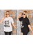 2 Adet Kedi Baskılı Oversize Kadın T-Shirt Bisiklet Yaka 1