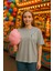 Badge Tavşan Baskılı Unisex %100 Pamuk Oversize Bisiklet Yaka Gri T-Shirt 3
