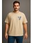 Fil Baskılı Unisex %100 Pamuk Oversize Bisiklet Yaka Bej T-Shirt 3