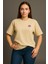 Minimal Bulut Baskılı Unisex %100 Pamuk Oversize Bisiklet Yaka Bej T-Shirt 4