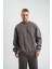 Unisex Uzun Kol Bisiklet Yaka Yıkamalı Sweatshirt - Füme 2