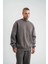 Unisex Uzun Kol Bisiklet Yaka Yıkamalı Sweatshirt - Füme 3