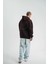 Unisex Üç Iplik Kapşonlu Nakışlı Sweatshirt - Kahve 4