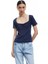 Yeni Sezon Pamuklu Büzgülü Slim Fit Kısa Kollu Kare Yaka Tişört 1