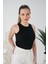 Siyah Zargo Model Fitted/vücuda Oturan Geniş Biyeli Halter Yaka Fitilli Esnek Örme Crop Bluz 3