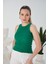 Yeşil Zargo Model Fitted/vücuda Oturan Geniş Biyeli Halter Yaka Fitilli Esnek Örme Crop Bluz 2
