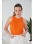 Turuncu Zargo Model Fitted/vücuda Oturan Geniş Biyeli Halter Yaka Fitilli Esnek Örme Crop Bluz 4