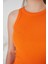 Turuncu Zargo Model Fitted/vücuda Oturan Geniş Biyeli Halter Yaka Fitilli Esnek Örme Crop Bluz 7