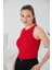 Kırmızı Zargo Model Fitted/vücuda Oturan Geniş Biyeli Halter Yaka Fitilli Esnek Örme Crop Bluz 4