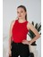 Kırmızı Zargo Model Fitted/vücuda Oturan Geniş Biyeli Halter Yaka Fitilli Esnek Örme Crop Bluz 5