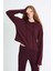 Layla Kadın Triko Görünümlü Kapüşonlu Ribana Bordo Sweatshirt 3