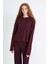 Layla Kadın Triko Görünümlü Kapüşonlu Ribana Bordo Sweatshirt 4