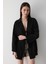 Siyah %100 Pamuk Keten Bağcık Detaylı Kimono Bluz 1