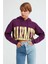 Warm Kadın Baskılı Kapüşonlu Comfort Mor Sweatshirt 1