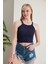 Lacivert Fitted/vücuda Oturan Iki Omuzu Açık Miami Fitilli Esnek Örme Bluz 1