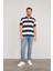 4111 Erkek Polo Yaka 30/1 Ringelli Pike T-Shirt Lacivert-Beyaz 1