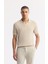 Erkek Bej Düğmesiz Polo Yaka Kol ve Yaka Çizgi Detaylı Rayon Triko T-shirt A51Y5056 1