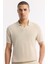 Erkek Bej Düğmesiz Polo Yaka Kol ve Yaka Çizgi Detaylı Rayon Triko T-shirt A51Y5056 2