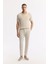 Erkek Bej Düğmesiz Polo Yaka Kol ve Yaka Çizgi Detaylı Rayon Triko T-shirt A51Y5056 6