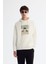 Erkek Ekru Kapüşonlu Pamuklu Baskılı Elastan Sweatshirt A42Y1321 1