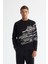 Erkek Siyah Bisiklet Yaka Pamuklu Baskılı Sweatshirt A42y1285 1