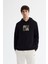 Erkek Siyah Kapüşonlu Pamuklu Baskılı Elastan Sweatshirt A42Y1324 1