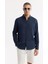 Erkek Lacivert Comfort Fit %100 Keten Düğmeli Yaka Gömlek B002191 5