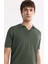 Erkek Haki Düğmesiz Polo Yaka Boyuna Ajur Desenli Rayon Triko T-shirt A51Y5015 2