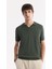 Erkek Haki Düğmesiz Polo Yaka Boyuna Ajur Desenli Rayon Triko T-shirt A51Y5015 6