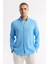 Erkek Mavi Comfort Fit %100 Keten Düğmeli Yaka Gömlek B002191 5