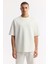 Erkek Ekru Bisiklet Yaka Oversize Aplike Baskı Detaylı 2'İplik T-Shirt A51Y1082 5