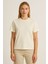 Kadın Oversize Basic Kısa Kollu Bisiklet Yaka Krem Tshirt 1