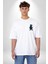 Mavi Neon Işık Detaylı Sokak Modası Ayıcık Beyaz Oversize Kadın Erkek Ön Minimal Baskılı Tişört 4