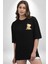 Çiçek Desenli Pastel Ton Ayıcık ve Çiçek Siyah Oversize Kadın Erkek Ön Minimal Baskılı Tişört 2