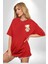 Mavi Kare Desenli Ayıcık Kawaii Stil Kırmızı Oversize Kadın Erkek Ön Minimal Baskılı Tişört 5