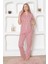 Kadın Önden Düğmeli Kısa Kol Likralı Çizgili Gömlek Pijama Takımı 1