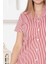Kadın Önden Düğmeli Kısa Kol Likralı Çizgili Gömlek Pijama Takımı 4