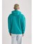 Erkek Yeşil Oversize Fit Geniş Kesim Basic Düz Pamuklu Kapüşonlu Sweatshirt B7849AXNS 7